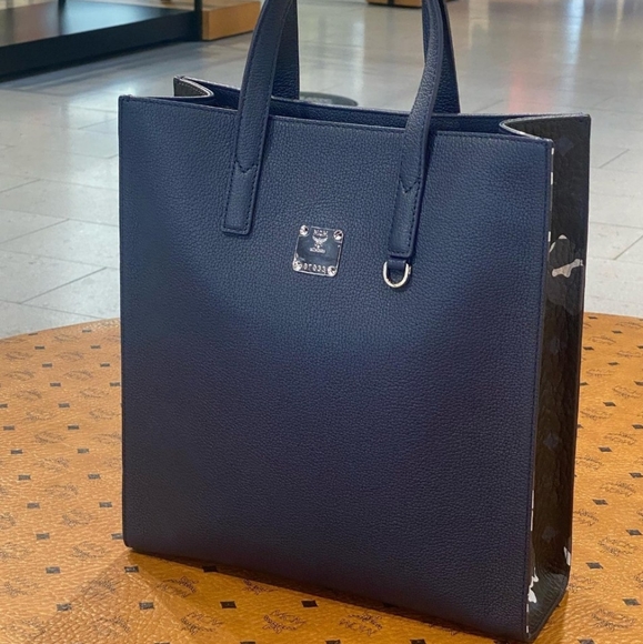 MCM Navy/Black Leather Messenger Tote Bag with Camo/Floral Print - Picture 7 of 12